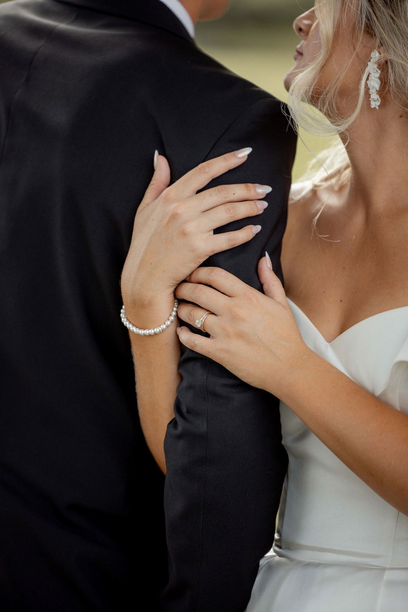 Rose - polymer clay flowers, white freshwater pearls long cascading stud drop earrings