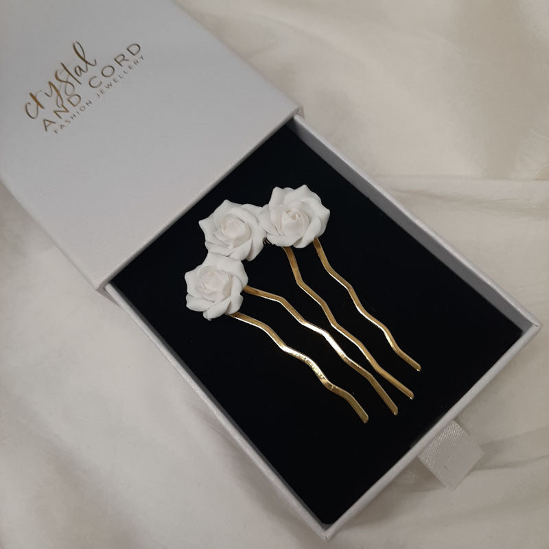 Rosie hair pin - polymer clay rose flowers U shaped hair pin