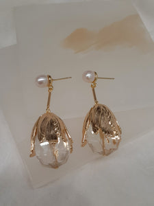 Susannah - glass faceted crystal clear teardrop and gold tone stud earrings