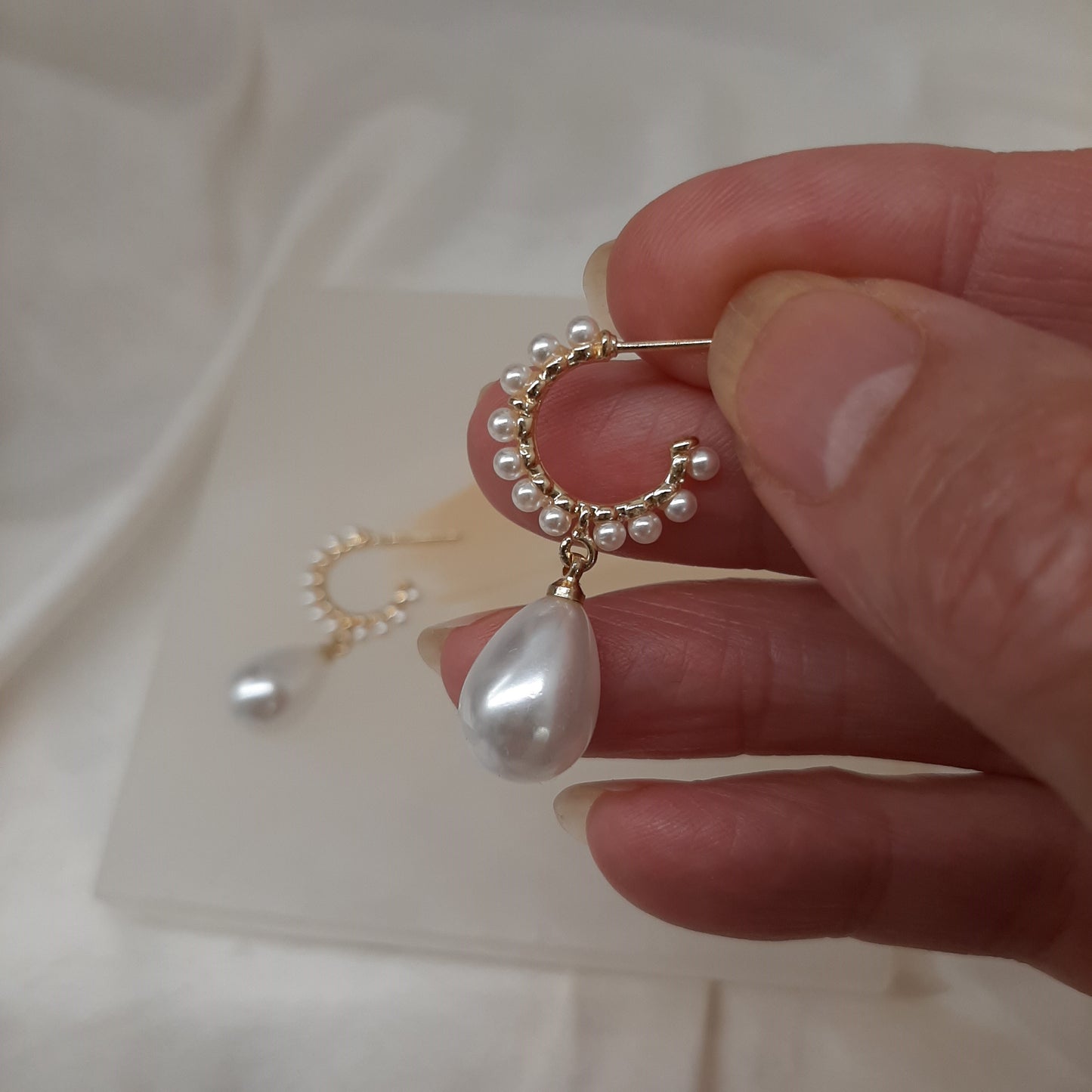 Taylor - Ivory pearls partial hoop and pearl drop earrings