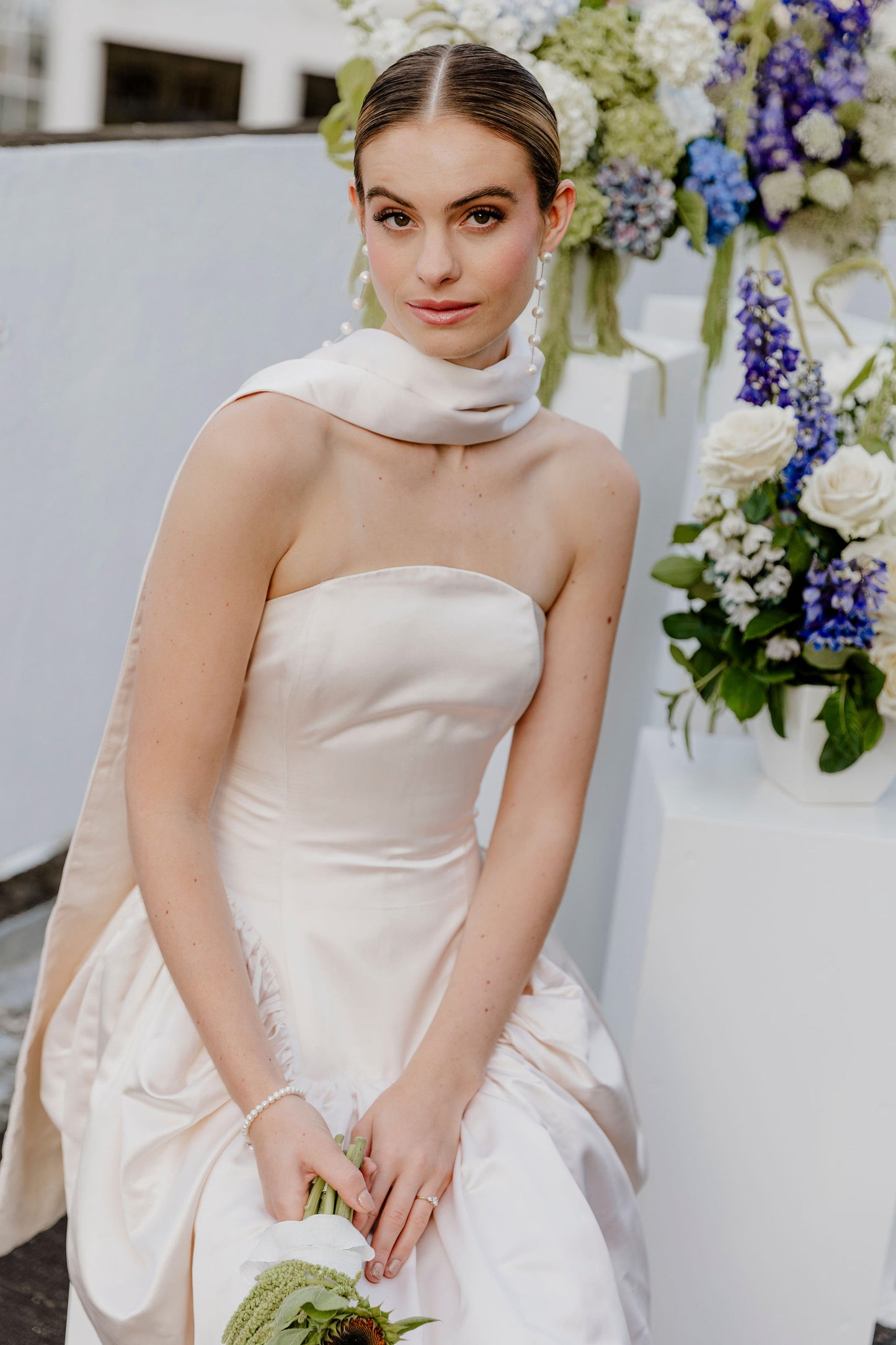 TESS - glorious round natural cultured freshwater pearls and Boston chain thread cascading stud earrings