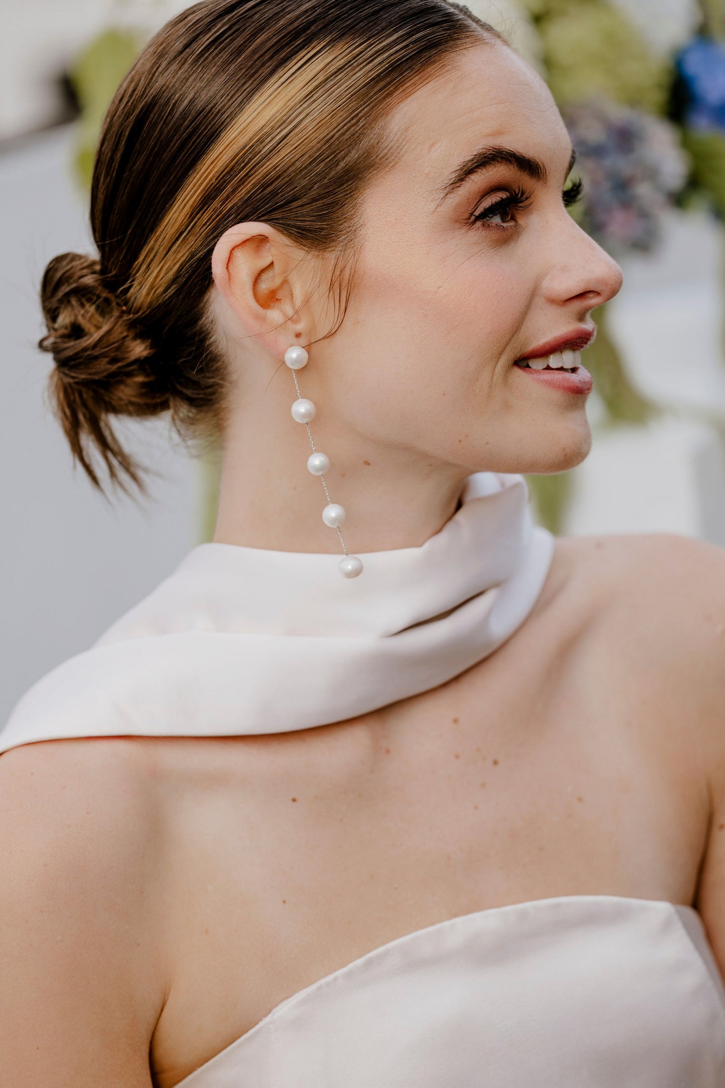 TESS - glorious round natural cultured freshwater pearls and Boston chain thread cascading stud earrings