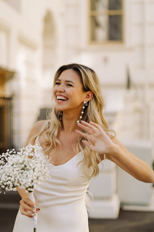 TESS - glorious round natural cultured freshwater pearls and Boston chain thread cascading stud earrings