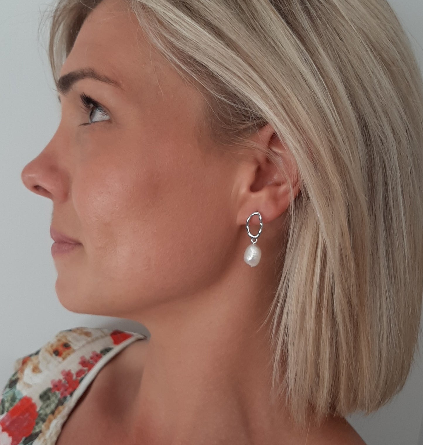 Traci - freshwater pearls cascading silver-tone oval hoop (medium) drop earrings