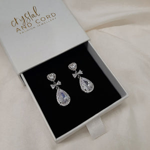 Yvette - Cubic Zirconia crystal clear heart, bow and pear shaped drop silver-tone stud earrings