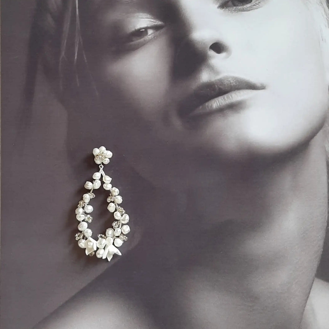 Aalina - polymer clay flowers, white freshwater pearls hoop drop stud earrings