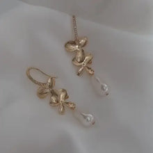 Load image into Gallery viewer, Abby - Silver or gold tone, cubic zirconia earwires and orchid shaped flowers with Swarovski crystal baroque pearl drop earrings