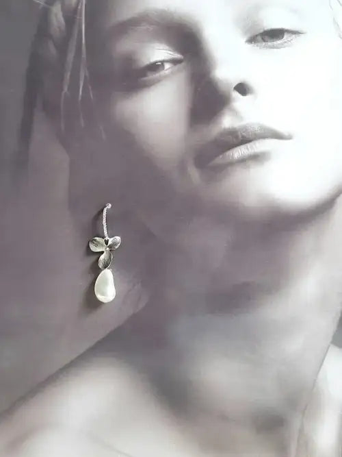 Abby - Silver or gold tone, cubic zirconia earwires and orchid shaped flowers with Swarovski crystal baroque pearl drop earrings