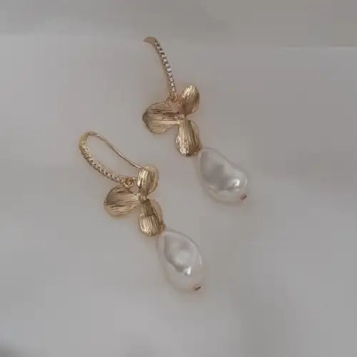 Abby - Silver or gold tone, cubic zirconia earwires and orchid shaped flowers with Swarovski crystal baroque pearl drop earrings