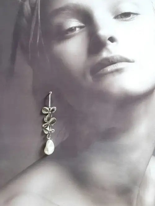 Abby - Silver or gold tone, cubic zirconia earwires and orchid shaped flowers with Swarovski crystal baroque pearl drop earrings