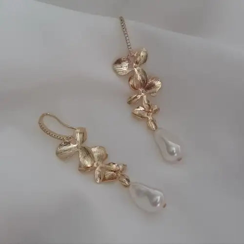 Abby - Silver or gold tone, cubic zirconia earwires and orchid shaped flowers with Swarovski crystal baroque pearl drop earrings