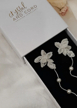 Load image into Gallery viewer, Amanda - lace and tiny seed beads flower shaped stud and pearl cascading earrings
