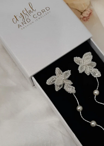 Amanda - lace and tiny seed beads flower shaped stud and pearl cascading earrings