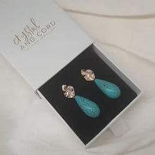 Load image into Gallery viewer, Calinda - blue turquoise colour long teardrop and gold-tone oval earstud earrings - Calinda