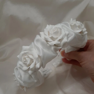 Nell - polymer clay roses and bridal satin scrunchie headband