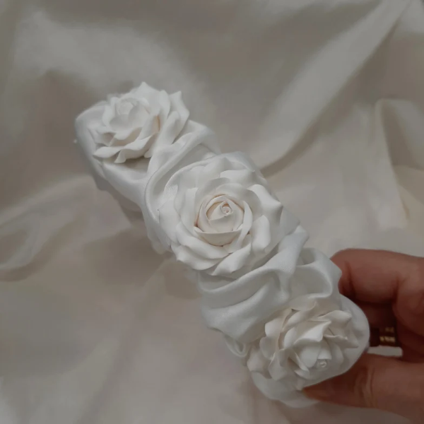 Nell - polymer clay roses and bridal satin scrunchie headband