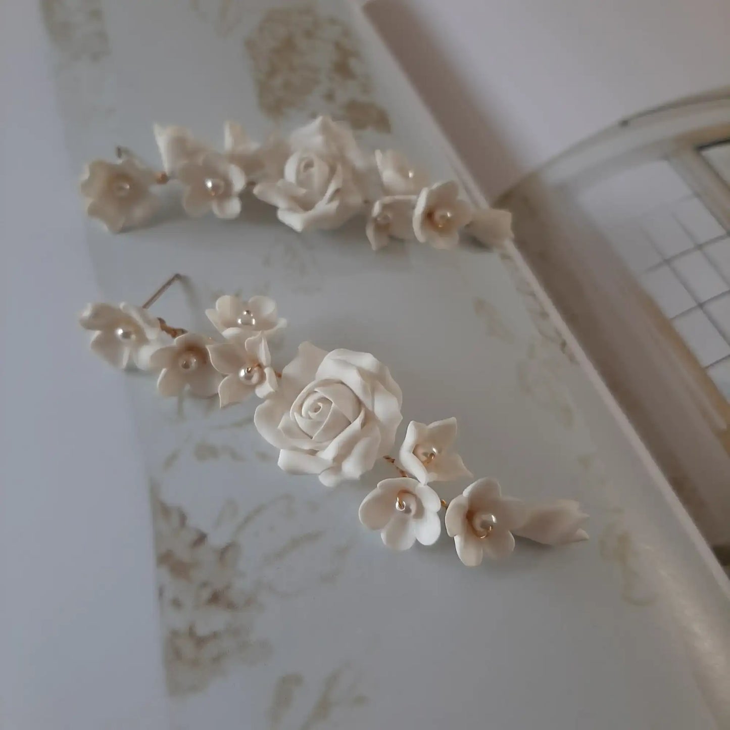 Rose - polymer clay flowers, white freshwater pearls long cascading stud drop earrings