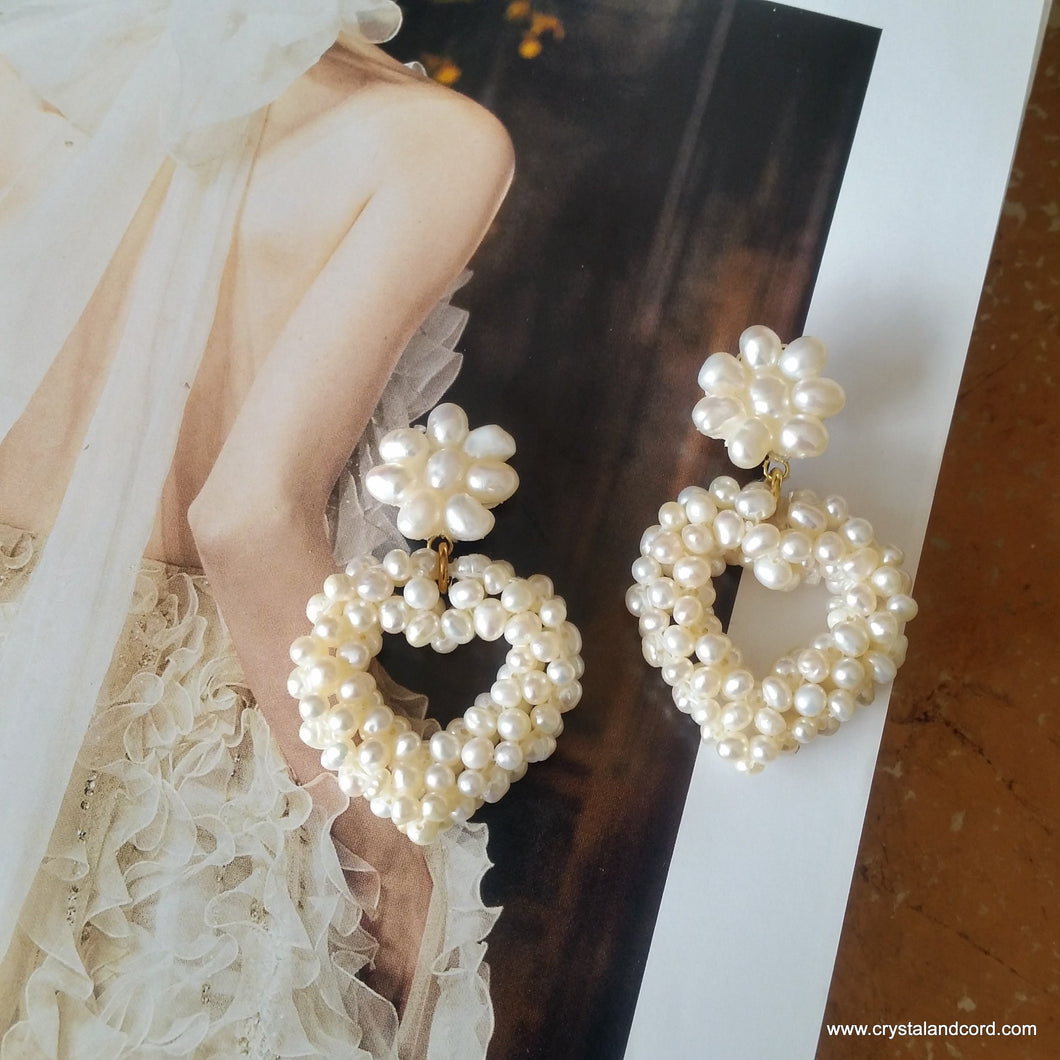 White cultured freshwater pearls heart drop flower stud earrings