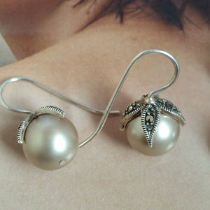 Swarovski crystal pearl single drop Marcasite sterling silver earrings