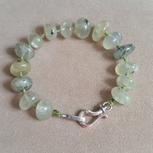 Load image into Gallery viewer, Green Prehnite nuggets handknotted sterling silver hook clasp bracelet