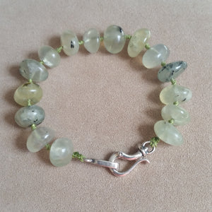 Green Prehnite nuggets handknotted sterling silver hook clasp bracelet