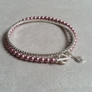 Pink Swarovski crystal pearl beads, sterling silver clasp bracelet SET