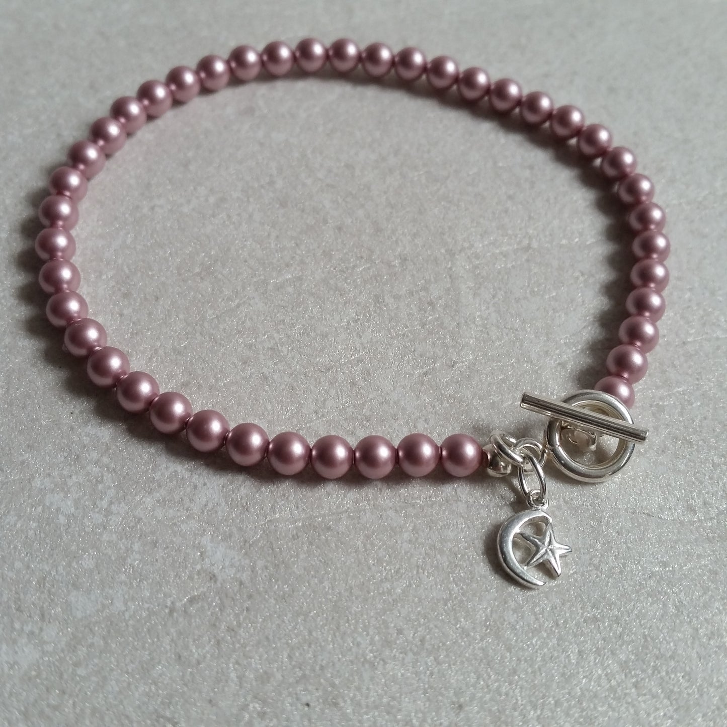 Pink Swarovski crystal pearl beads, sterling silver clasp bracelet SET