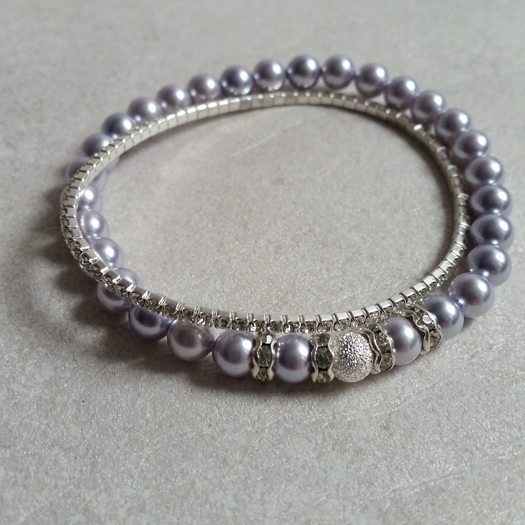 Lavender Swarovski crystal pearl beads, silver rhinestone stretch bracelet