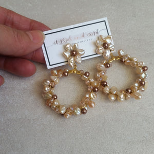 Blush beige freshwater pearls flower shaped stud hoop earrings