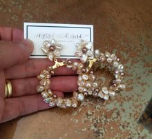 Load image into Gallery viewer, Blush beige freshwater pearls flower shaped stud hoop earrings