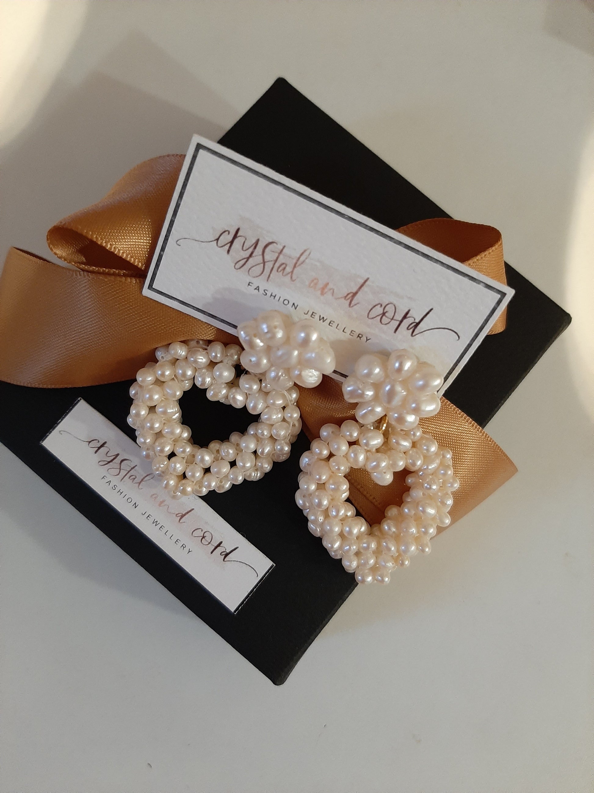 White cultured freshwater pearls heart drop flower stud earrings