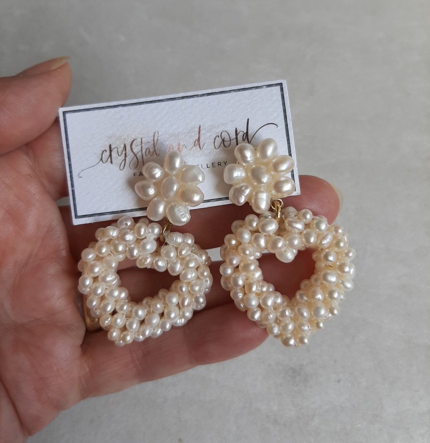 White cultured freshwater pearls heart drop flower stud earrings