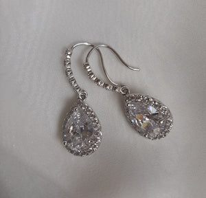 Cubic Zirconia crystal clear silver or gold tone drop earrings