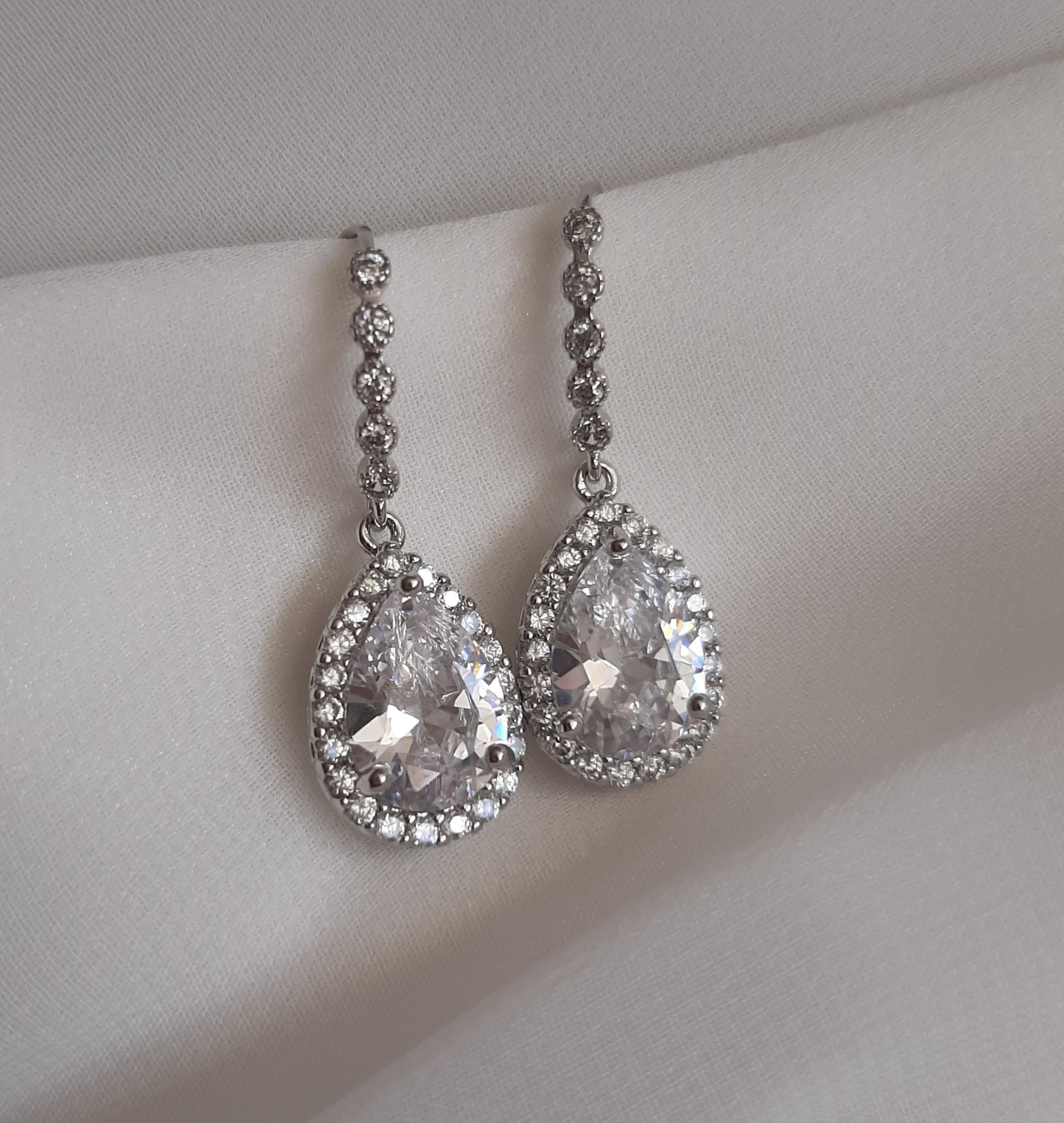 Cubic Zirconia crystal clear silver or gold tone drop earrings