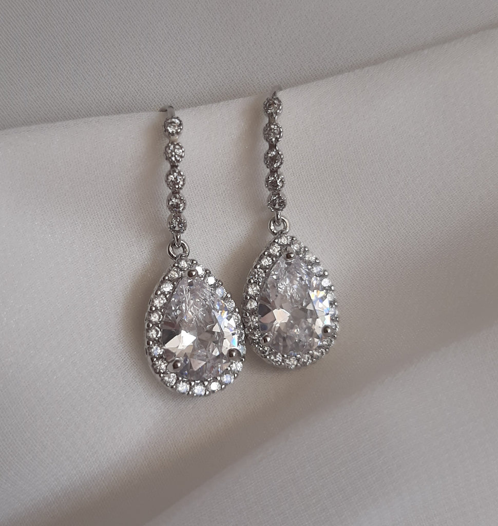Cubic Zirconia crystal clear silver or gold tone drop earrings