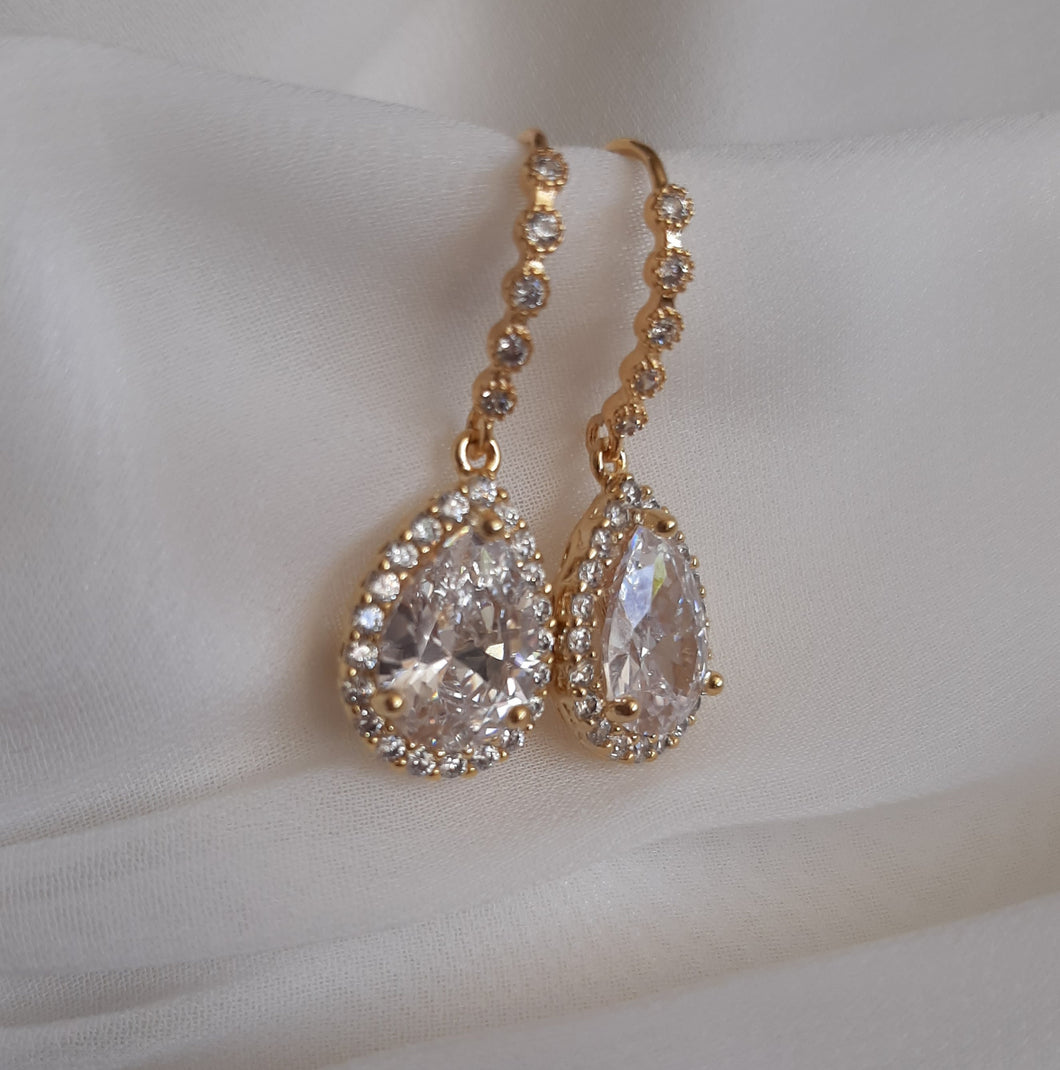 Cubic Zirconia crystal clear silver or gold tone drop earrings