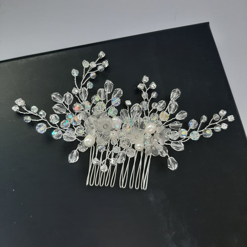 Crystal clear beads and frosted flowers hair vine with silver-tones