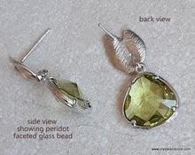 Load image into Gallery viewer, Peridot faceted glass bead and silver-tone leaf drop stud earrings