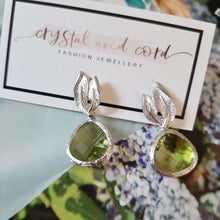 Load image into Gallery viewer, Chloe - peridot green faceted glass bead and silver-tone drop stud earrings