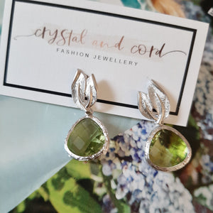 Chloe - peridot green faceted glass bead and silver-tone drop stud earrings