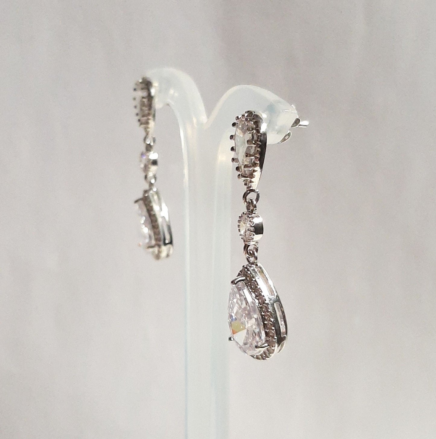 Cubic Zirconia crystal clear silver-tone pear shaped drop and stud earrings