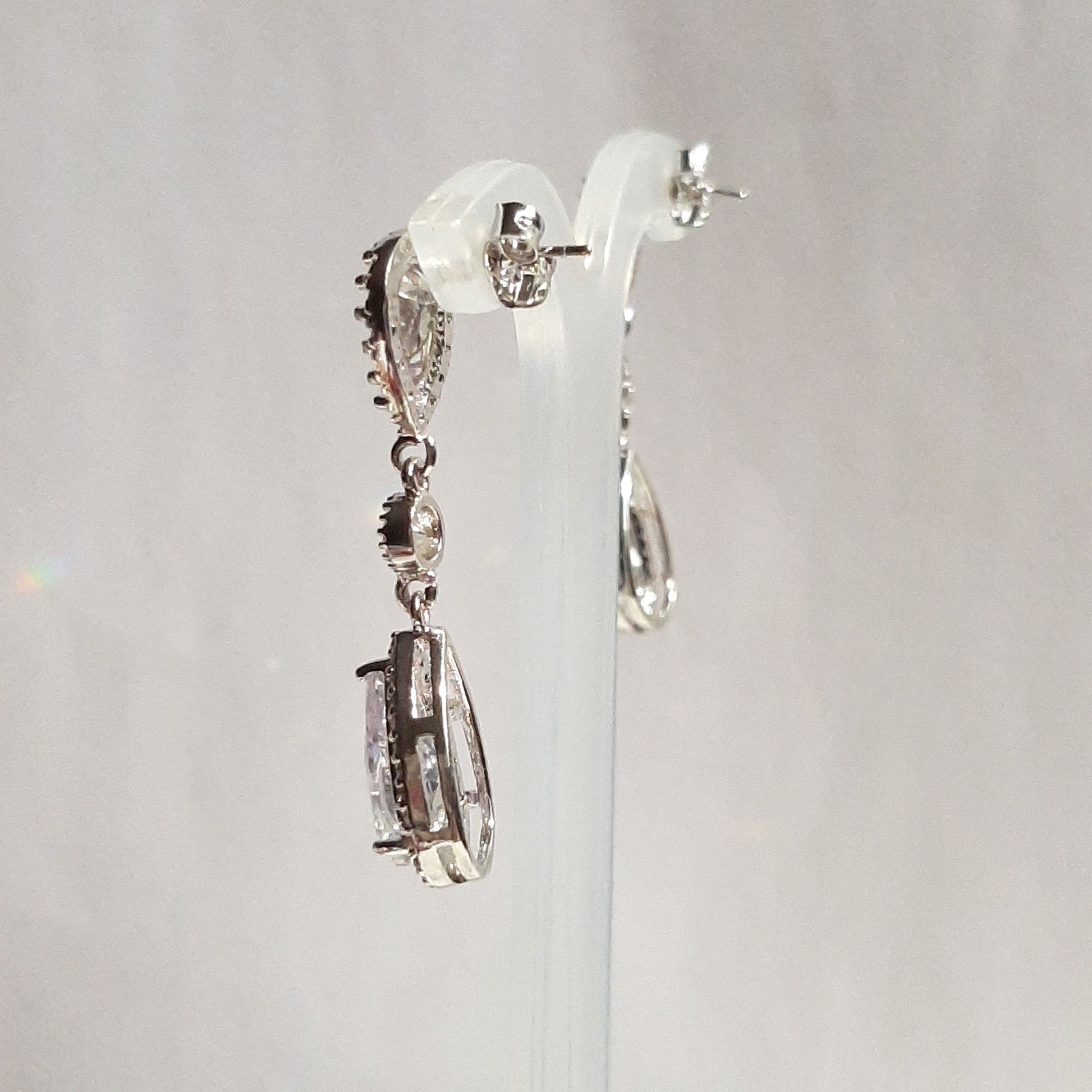 Cubic Zirconia crystal clear silver-tone pear shaped drop and stud earrings