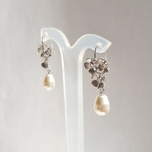 Load image into Gallery viewer, Maia - silver-tone triple flower rhinestone centered pearl drop earrings
