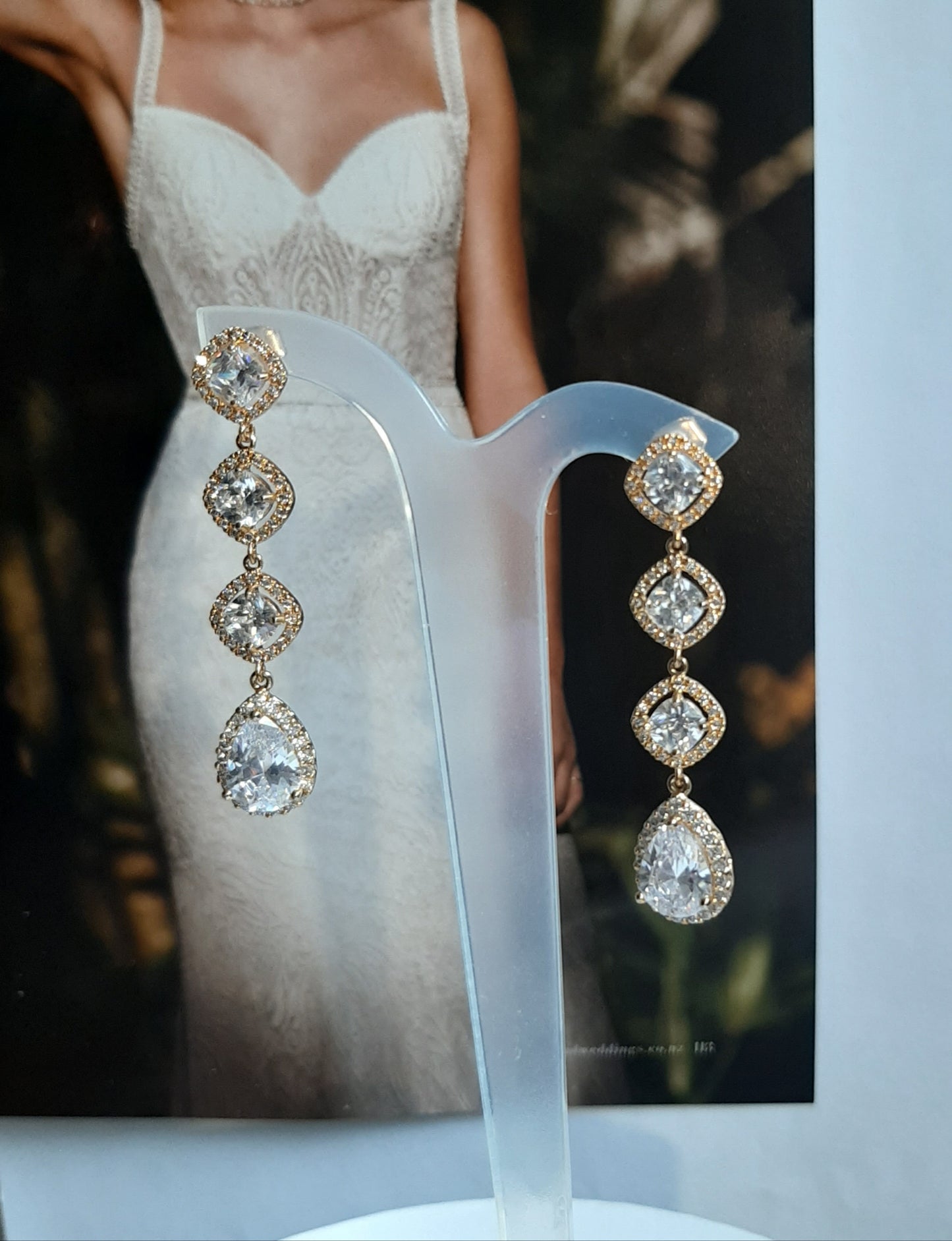 Florence - Cubic Zirconia cushion and pear shape gold-tone stud drop earrings