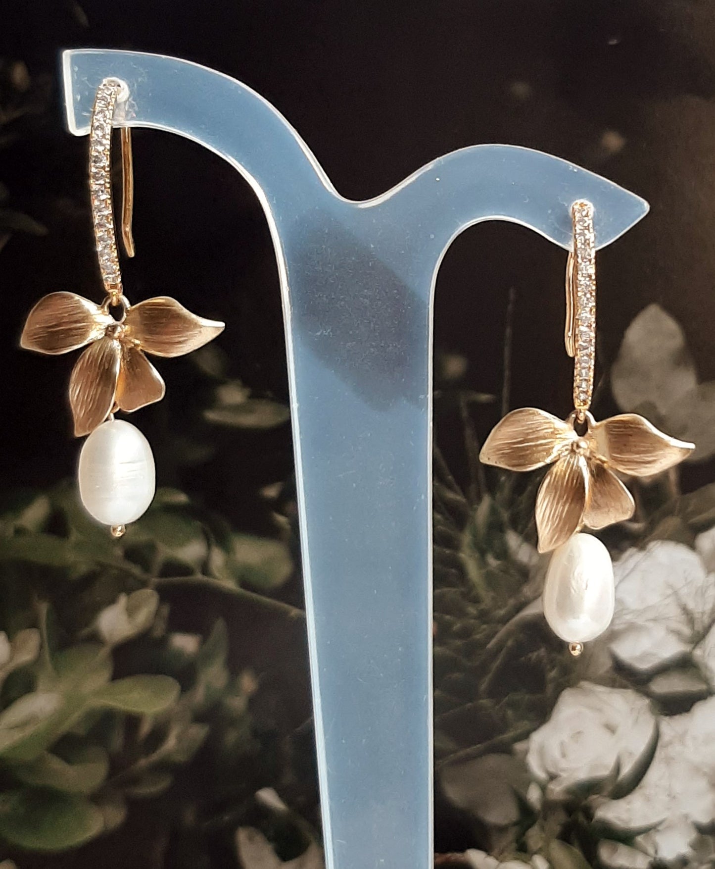 Freshwater pearls and gold-tone single orchid flower drop earrings