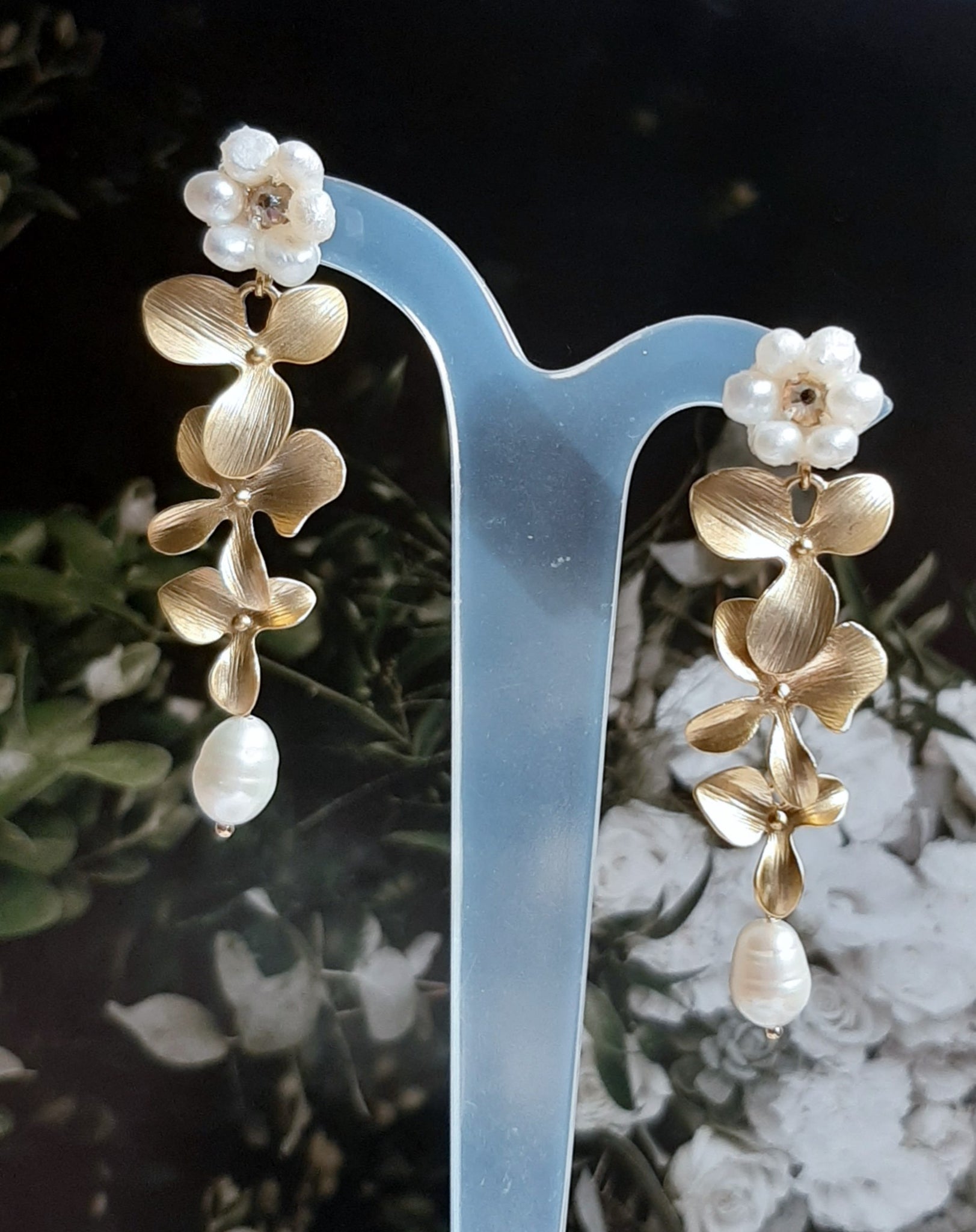 Lillie - freshwater pearls and matt gold-tone triple orchid flower