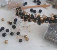 Load image into Gallery viewer, Ash - black, honey crystal, gold and a touch of blue beads handmade headband