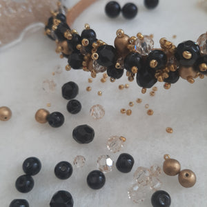 Ash - black, honey crystal, gold and a touch of blue beads handmade headband