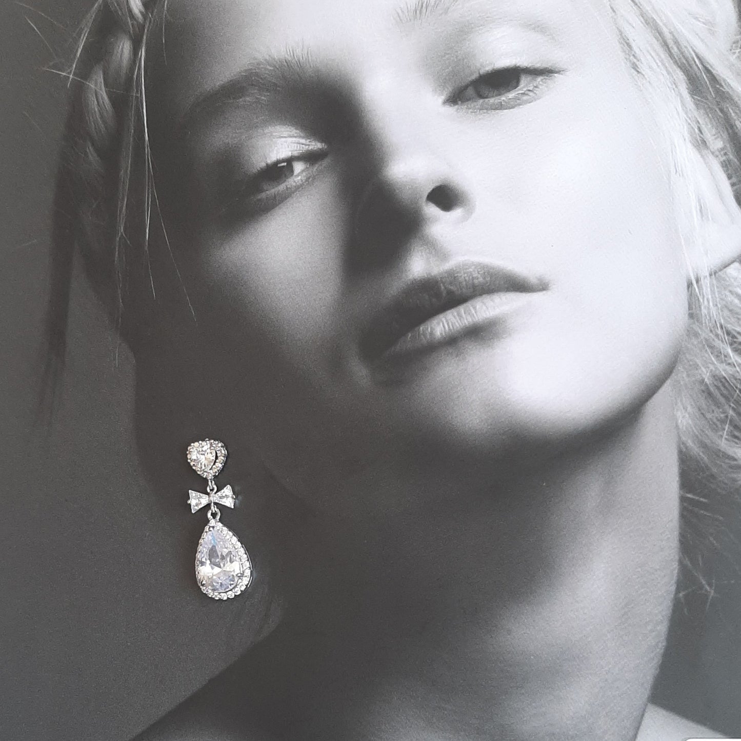 Yvette - Cubic Zirconia crystal clear heart, bow and pear shaped drop silver-tone stud earrings