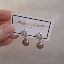 Load image into Gallery viewer, Olive - Green olive coin shaped freshwater pearl and silver-tone leaf drop stud earrings